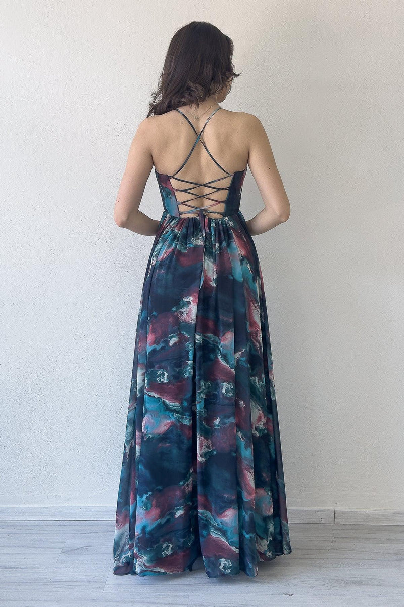 Women's Petrol Green Tie-Dyeli Strapless Strap Open Back Slit Evening Gown