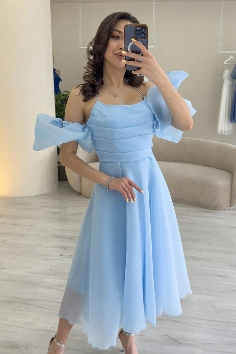 Women's Baby Bluesi Draped Halter Tie Bow Sleeve Detail Short Evening Gown