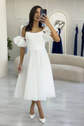 White Midi Length Evening Dress with Ribbon