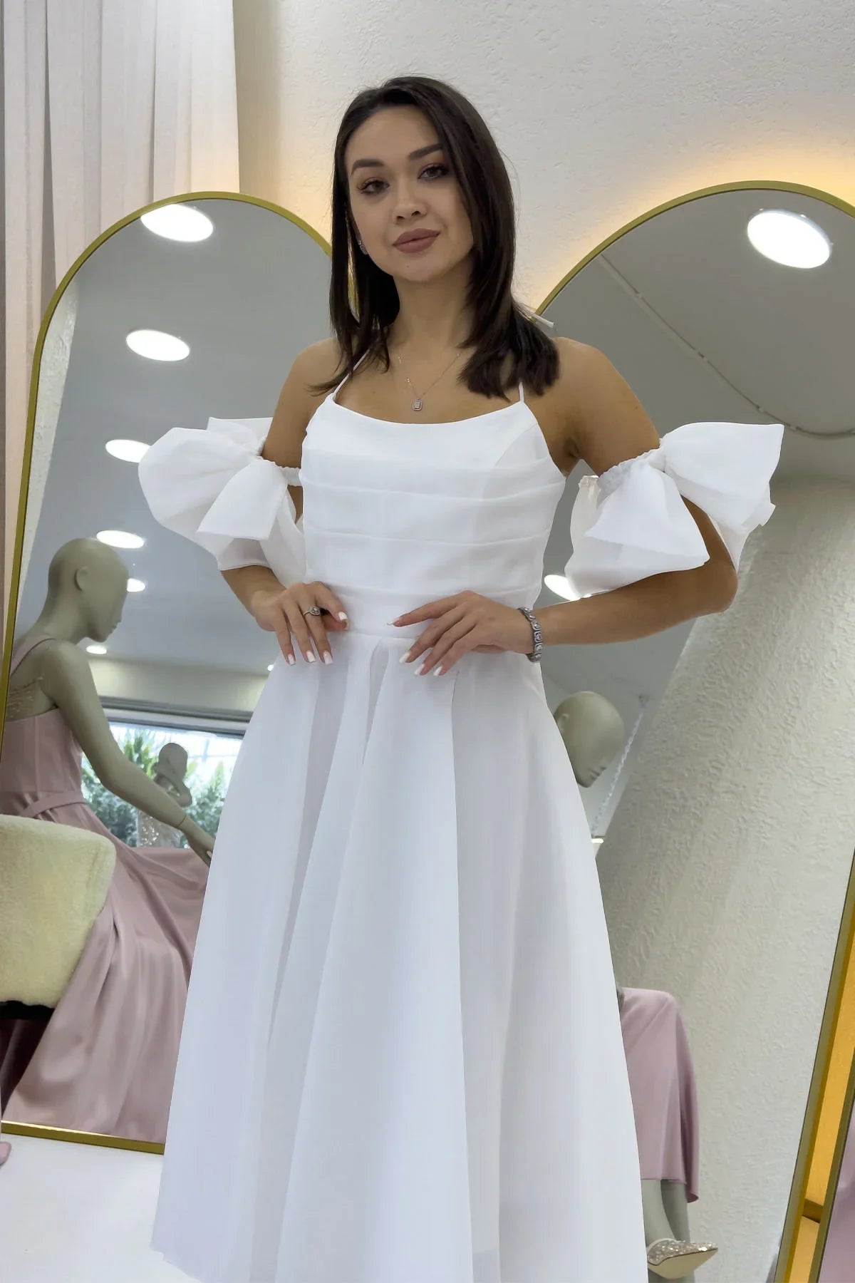 Women's White Draped Halter Tie Bow Sleeve Detail Short Evening Gown