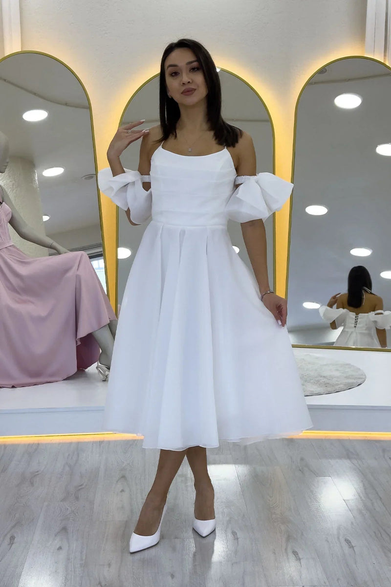 Women's White Draped Halter Tie Bow Sleeve Detail Short Evening Gown