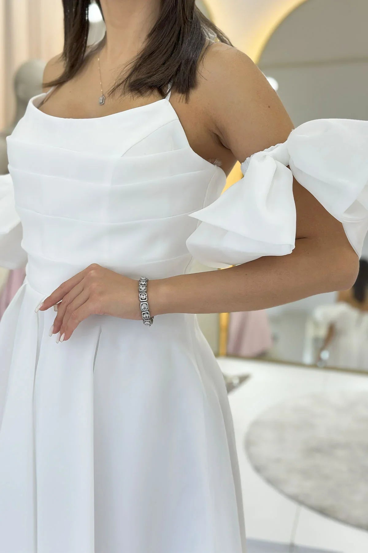 Women's White Draped Halter Tie Bow Sleeve Detail Short Evening Gown