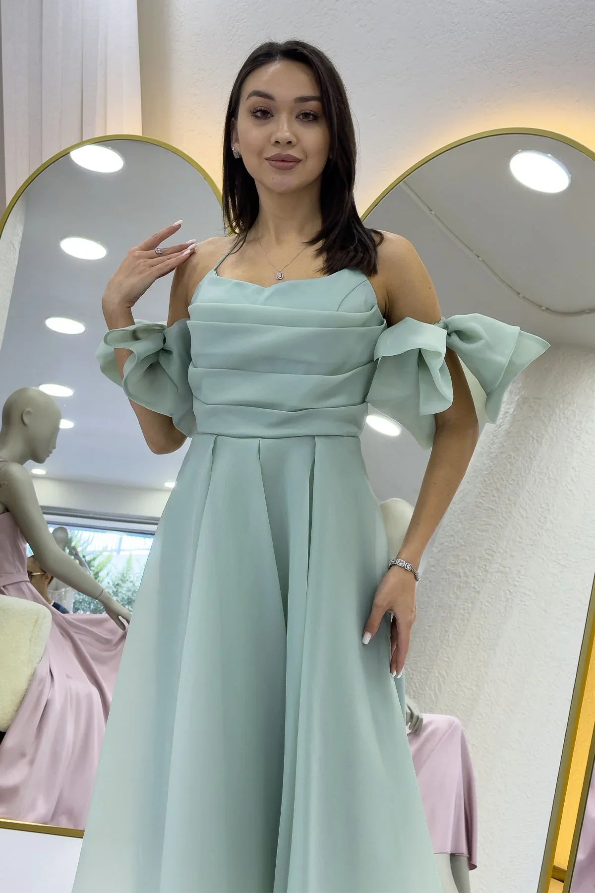 Women's Aqua Green Draped Halter Tie Bow Sleeve Detail Short Evening Gown