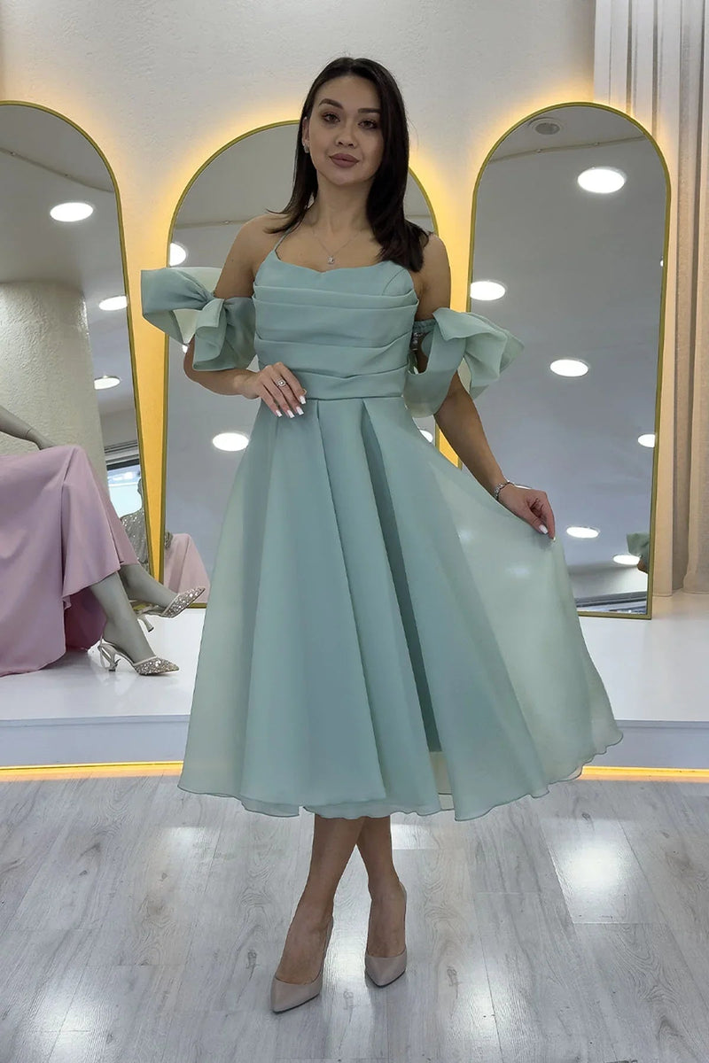 Women's Aqua Green Draped Halter Tie Bow Sleeve Detail Short Evening Gown