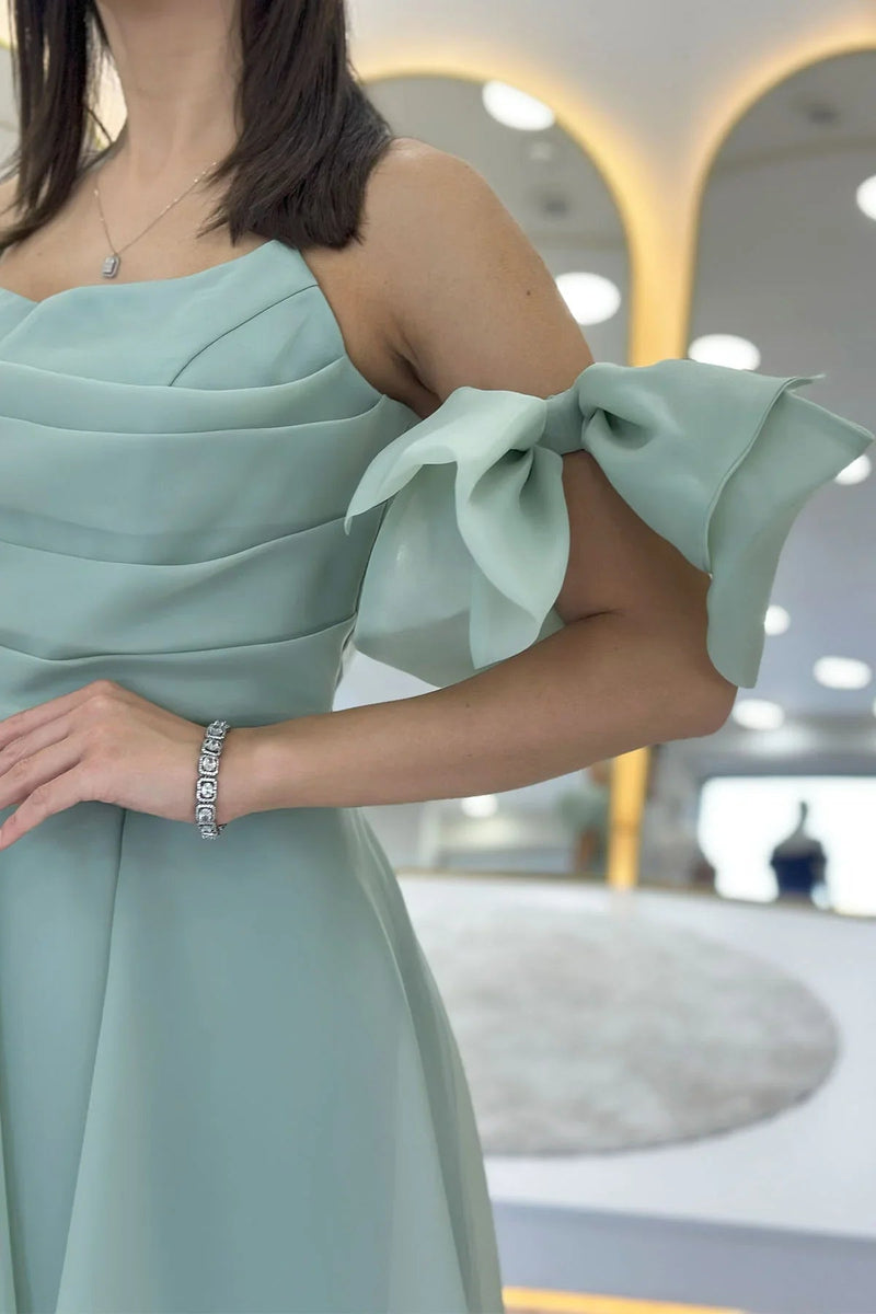 Women's Aqua Green Draped Halter Tie Bow Sleeve Detail Short Evening Gown