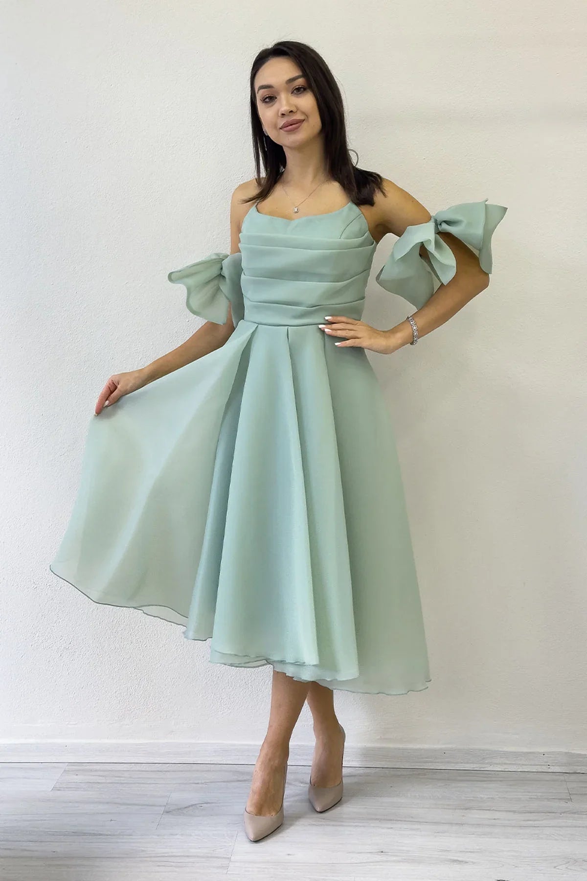 Women's Aqua Green Draped Halter Tie Bow Sleeve Detail Short Evening Gown