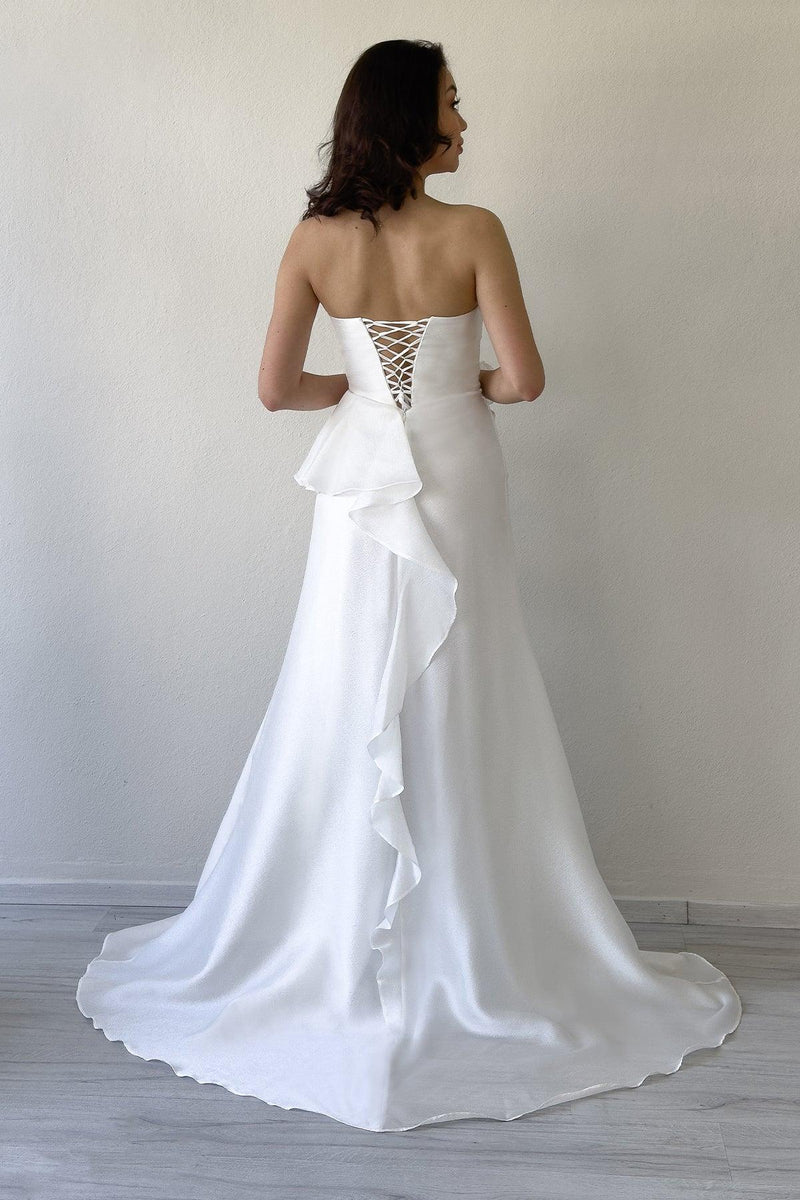 Women's White Strapless Draped Sırt Detail Volan Slit Evening Gown