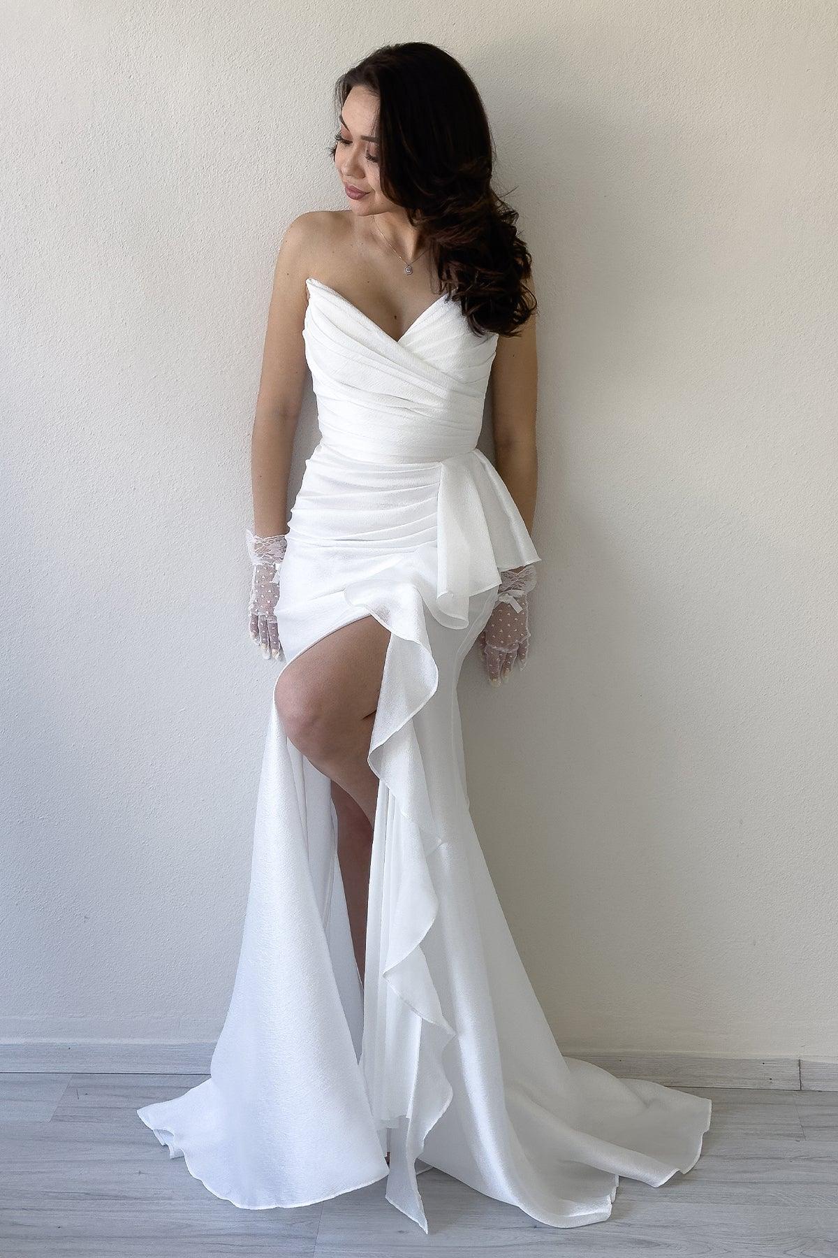 Women's White Strapless Draped Sırt Detail Volan Slit Evening Gown