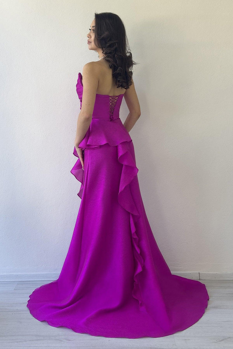 Women's Fuchsia Strapless Draped Sırt Detail Volan Slit Evening Gown