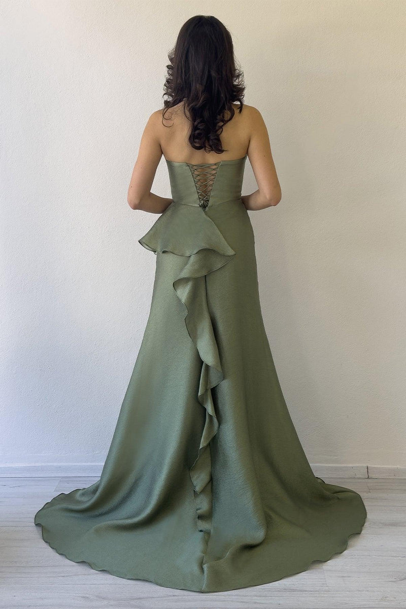 Women's Khaki Strapless Draped Sırt Detail Volan Slit Evening Gown