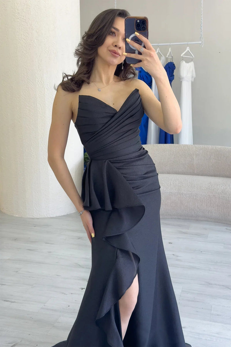 Women's Black Strapless Draped Sırt Detail Volan Slit Evening Gown