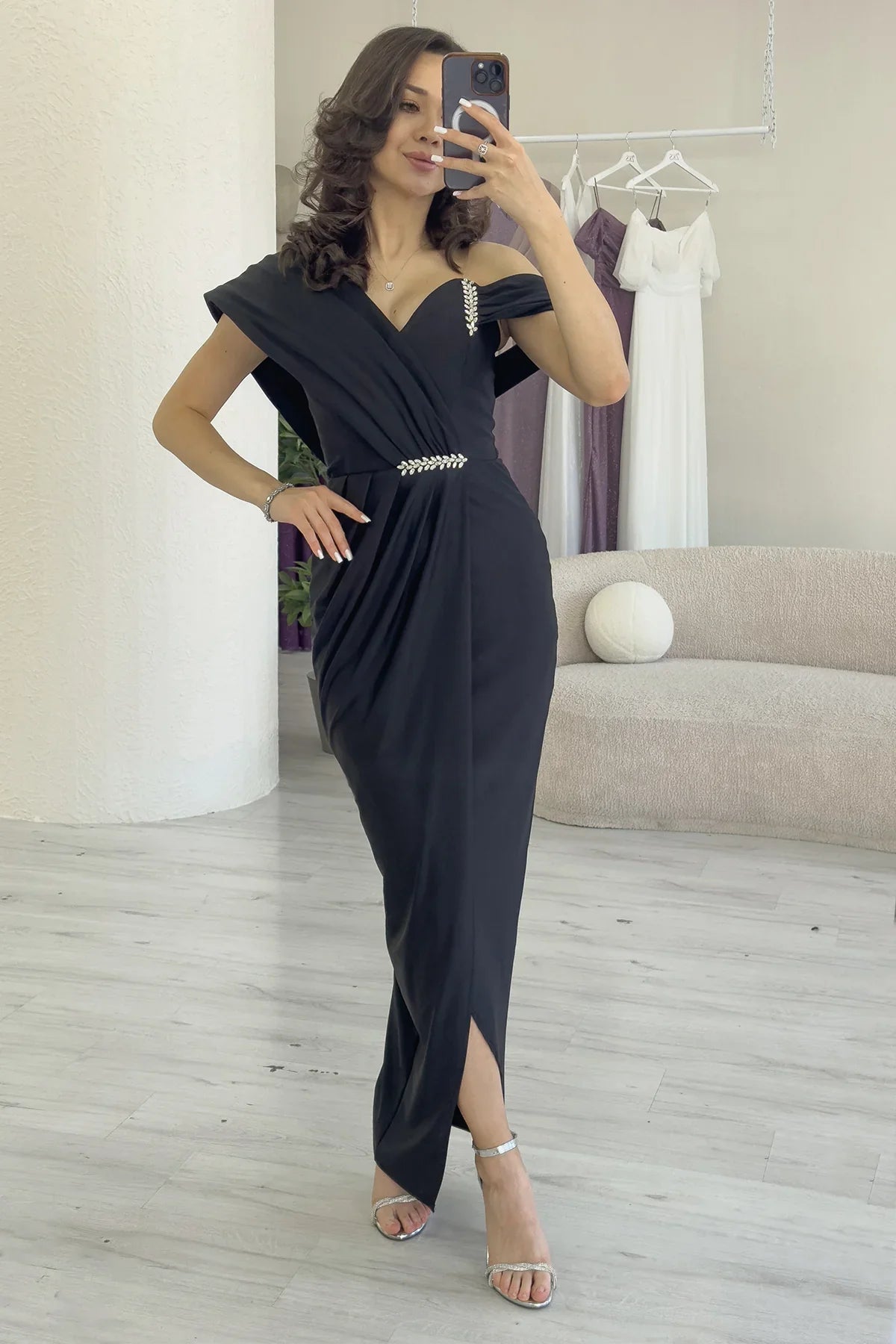 Women's Black Tek Omuz Crystal Embellished Draped Midi Evening Gown