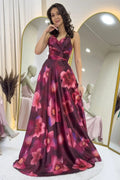 Burgundy Satin Patterned Evening Dress