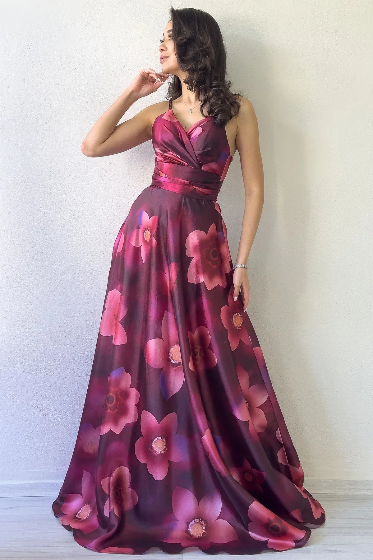 Women's Burgundy Floral Strap Open Back Long Evening Gown