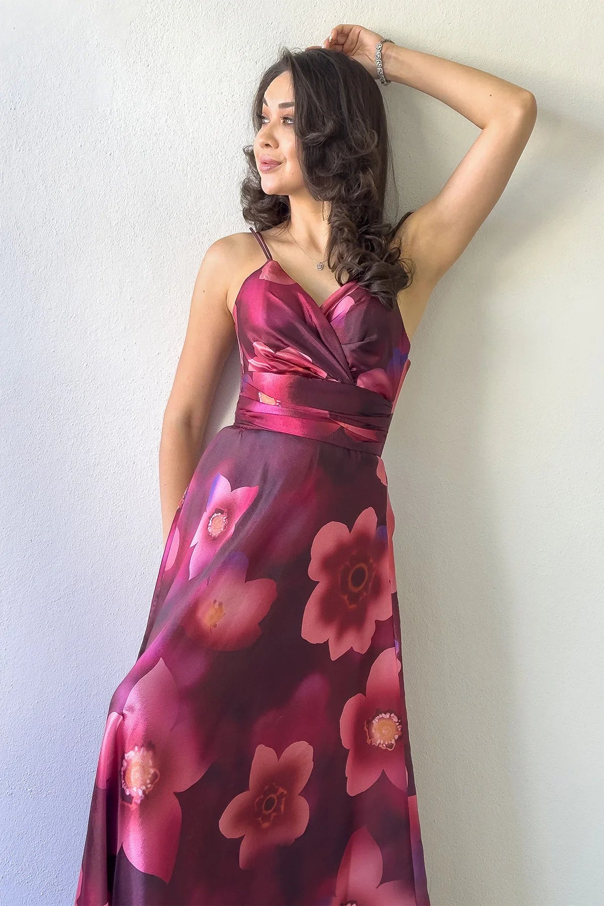 Women's Burgundy Floral Strap Open Back Long Evening Gown