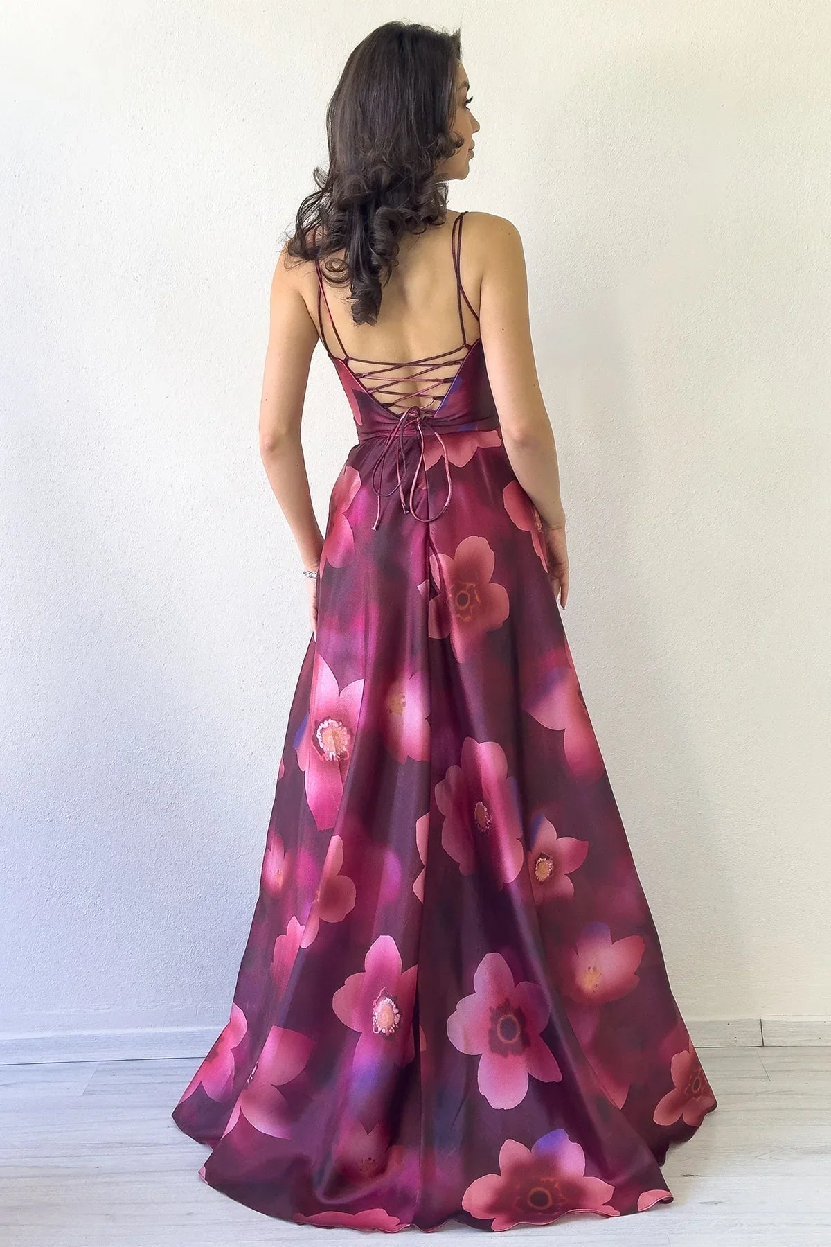 Women's Burgundy Floral Strap Open Back Long Evening Gown