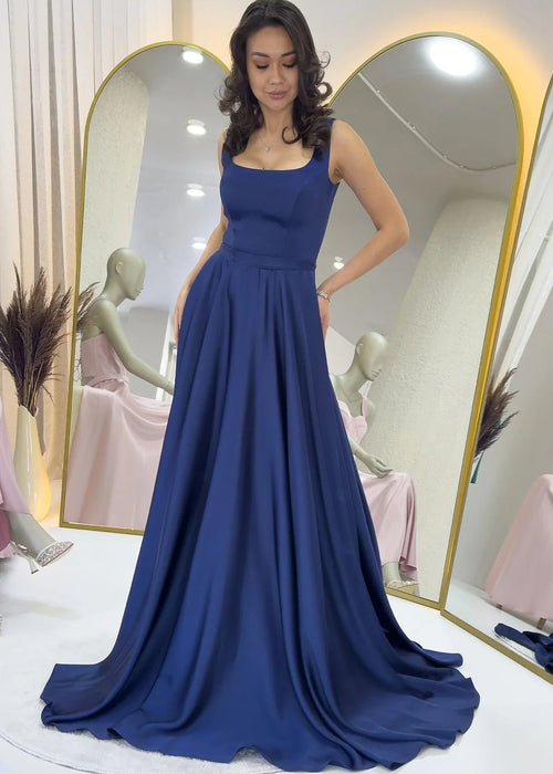 Navy Blue Maxi Satin Evening Dress