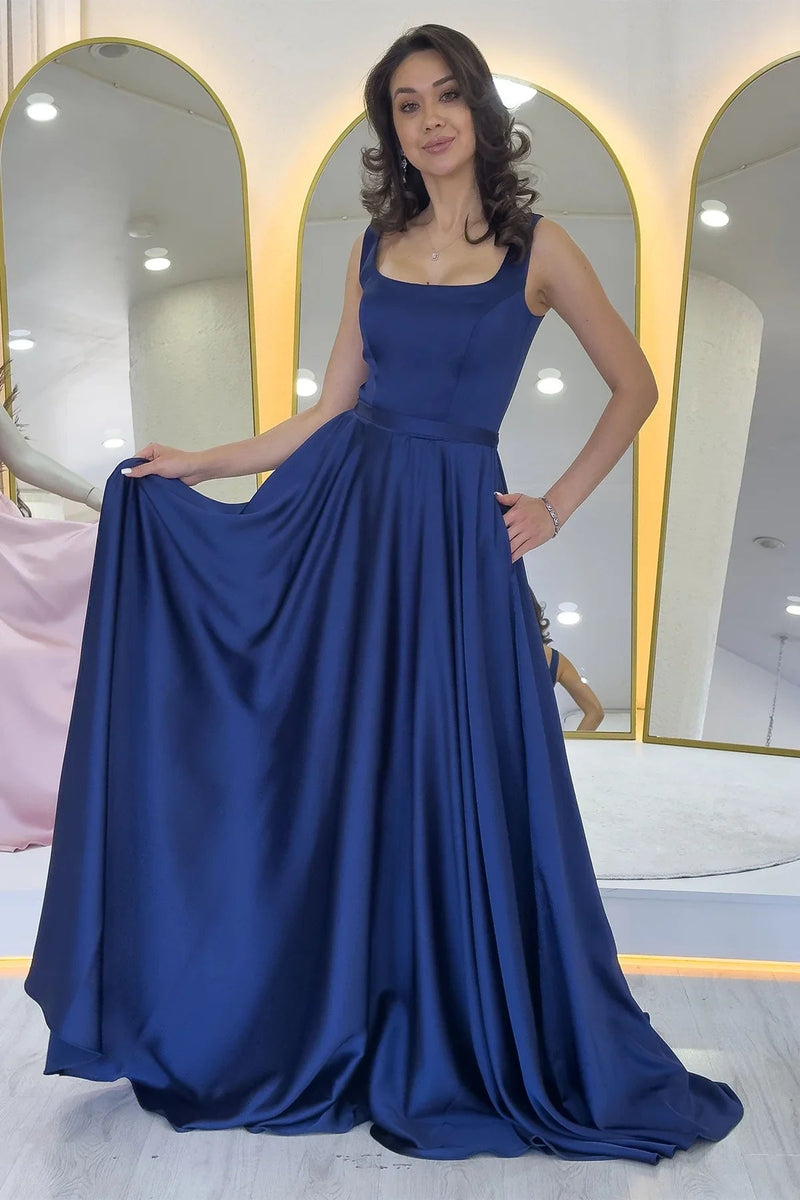 Women's Navy Blue Square Neck Sırt Tie Strap Satin Evening Gown