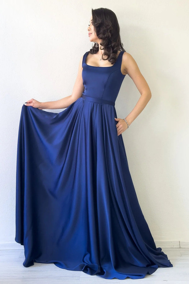 Women's Navy Blue Square Neck Sırt Tie Strap Satin Evening Gown