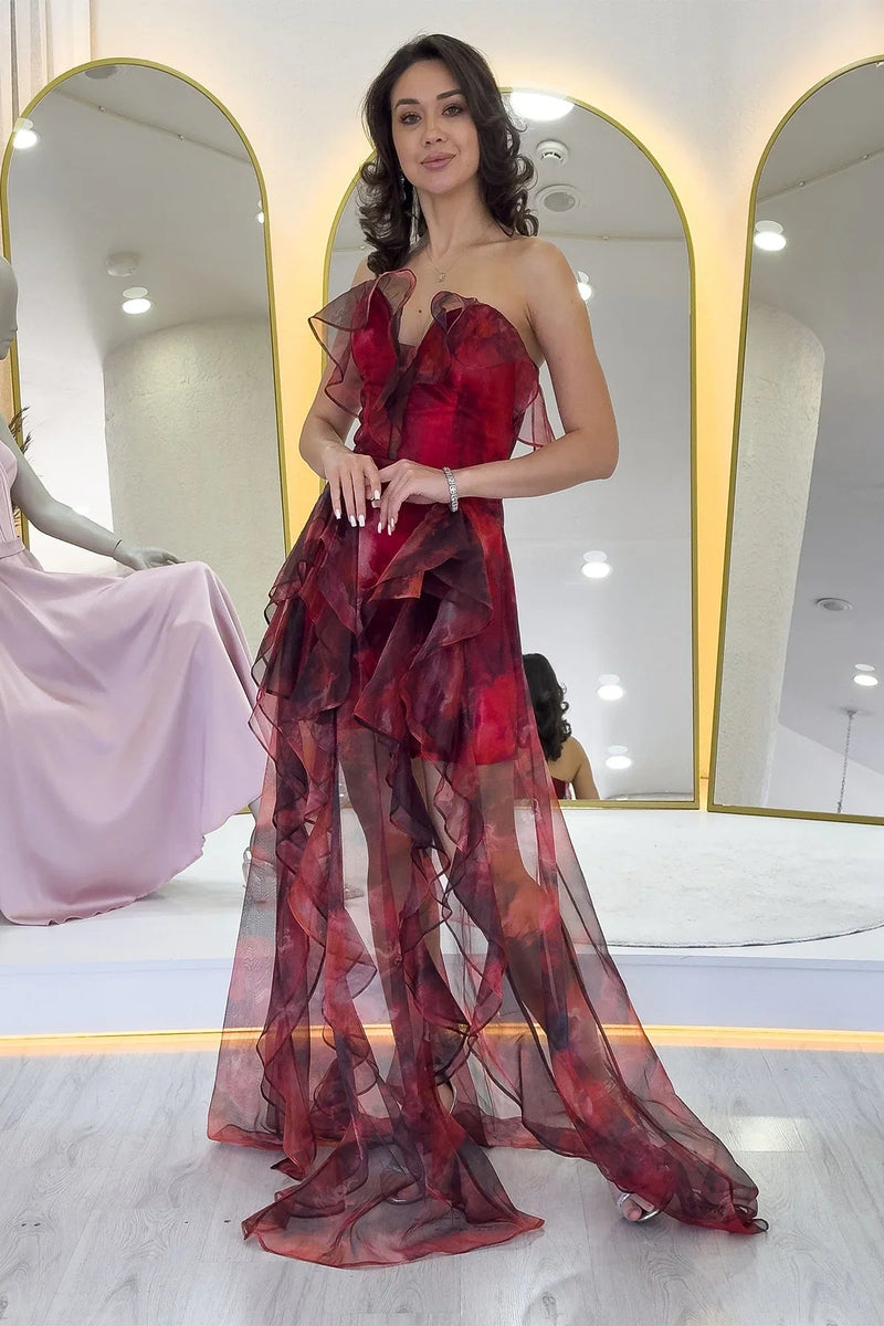 Women's Red Tie-Dyeli Strapless Ruffled Evening Gown