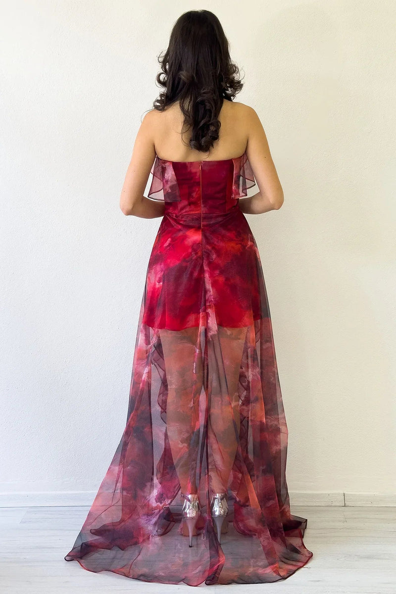 Women's Red Tie-Dyeli Strapless Ruffled Evening Gown