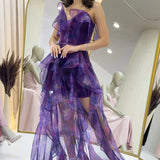 Purple Strapless Asymmetrical Skirt Evening Dress