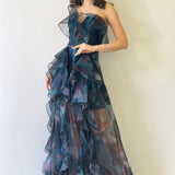 Petrol Green Strapless Asymmetrical Skirt Evening Dress