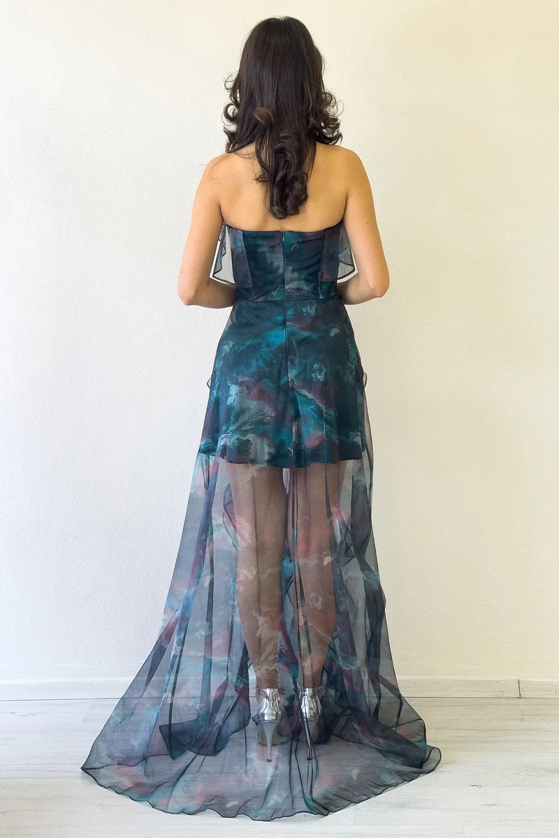 Women's Petrol Tie-Dyeli Strapless Ruffled Evening Gown