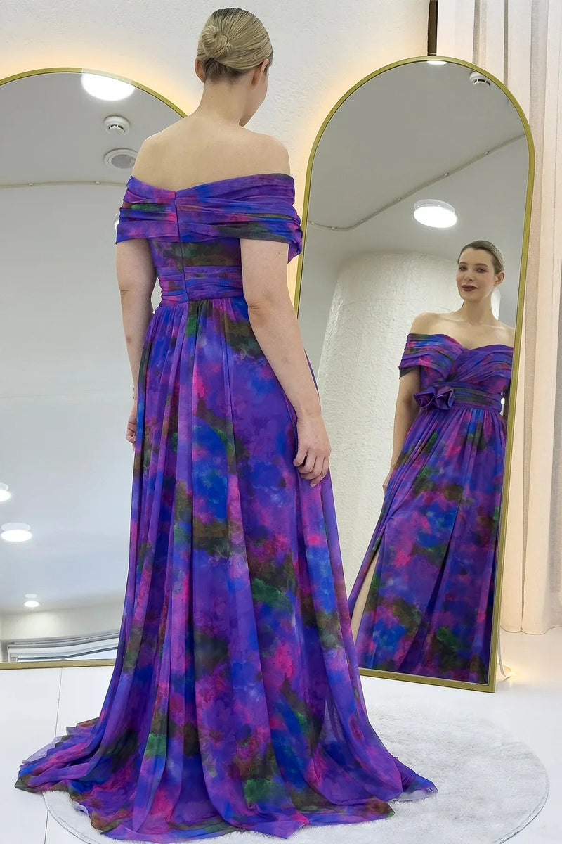 Lila schulterfreies, gemustertes Tüll-Abendkleid