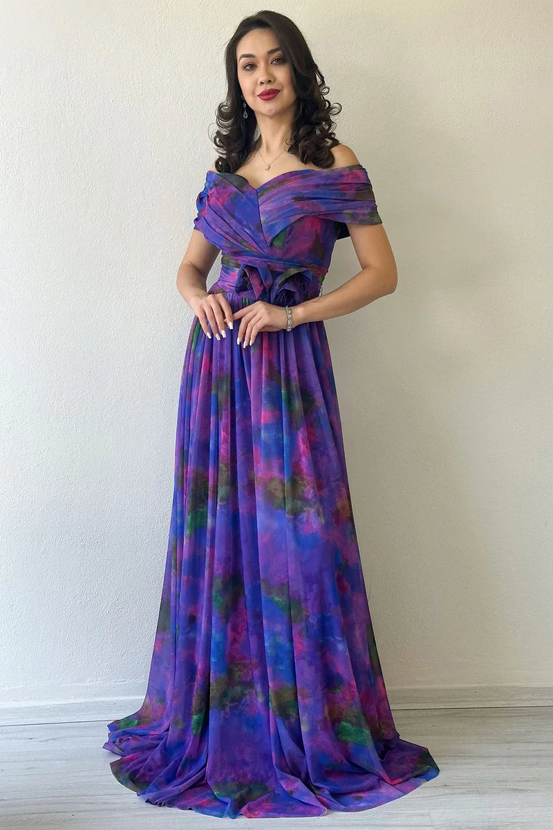 Women's Purple Tie-Dyeli Madonna Collar Patterned Tulle Evening Gown