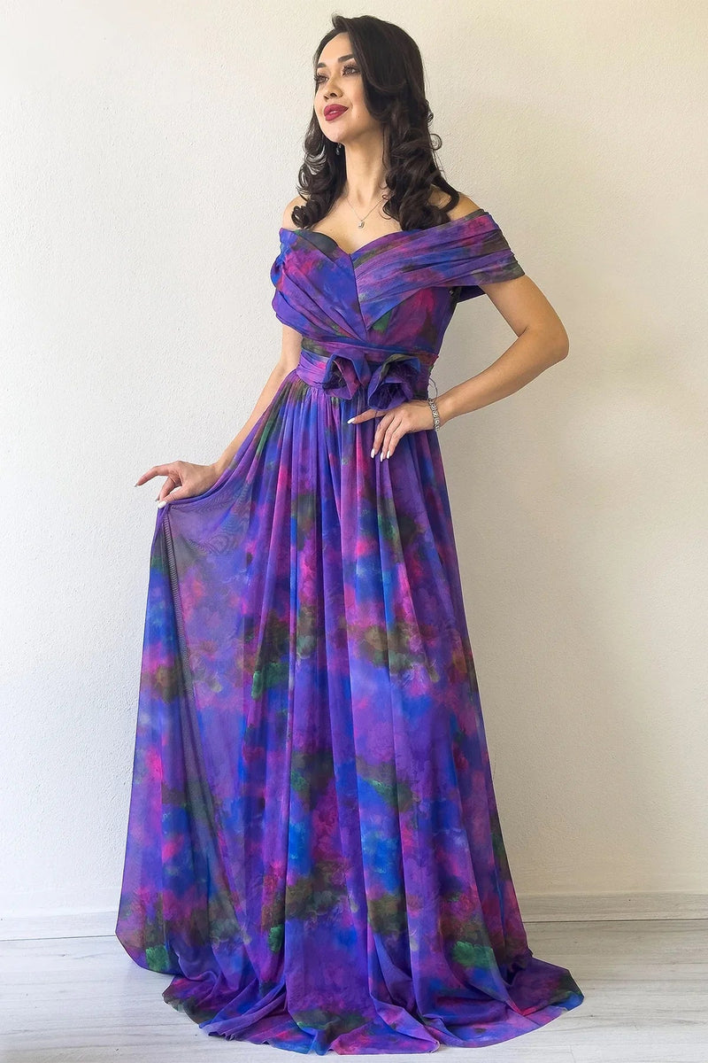 Women's Purple Tie-Dyeli Madonna Collar Patterned Tulle Evening Gown