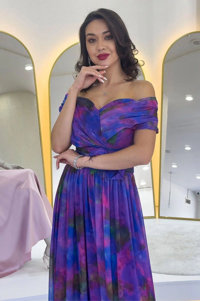 Women's Purple Tie-Dyeli Madonna Collar Patterned Tulle Evening Gown