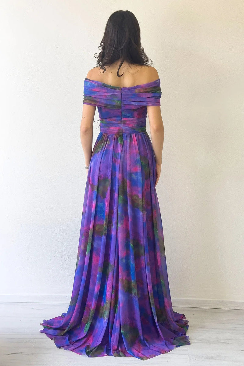 Women's Purple Tie-Dyeli Madonna Collar Patterned Tulle Evening Gown