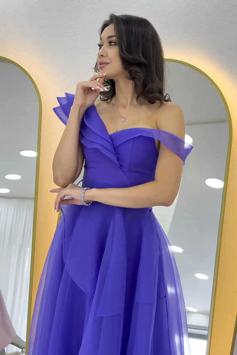 Lila asymmetrisches Tüll-Abendkleid