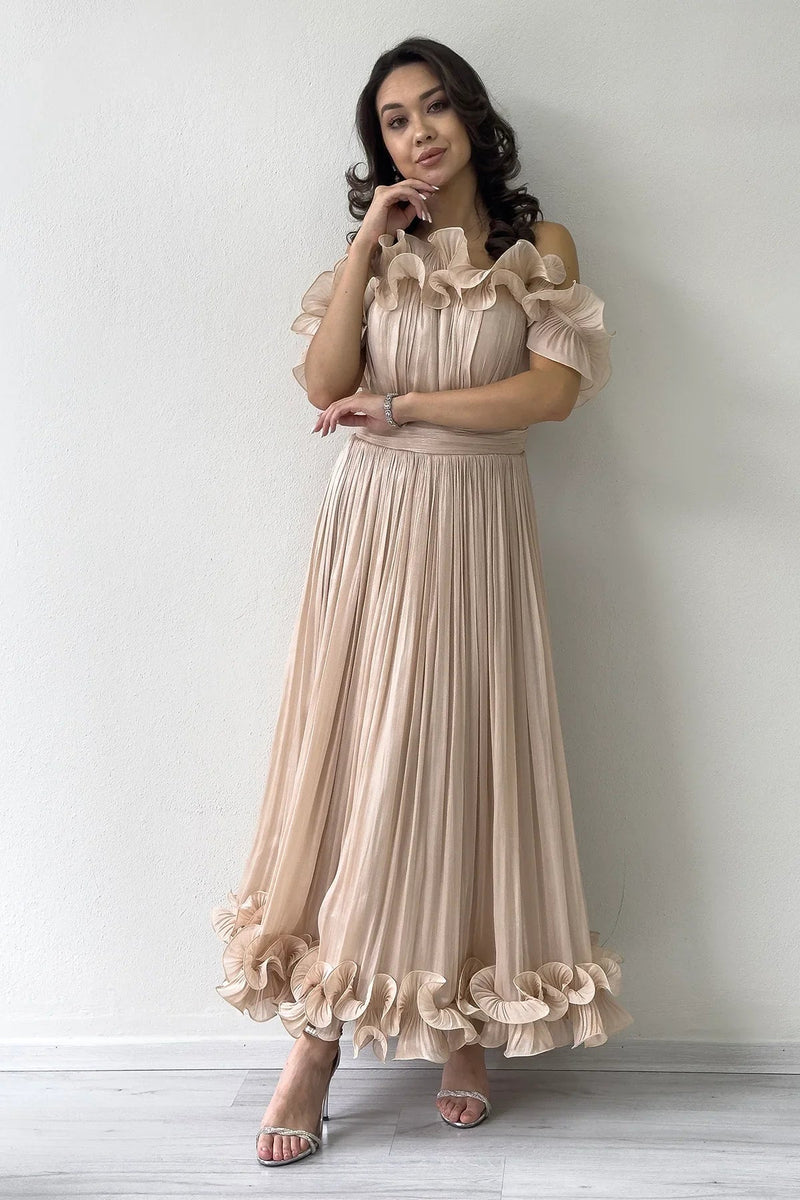 Women's Krem Off-Shoulder Strap Volan Detail Midi Evening Gown