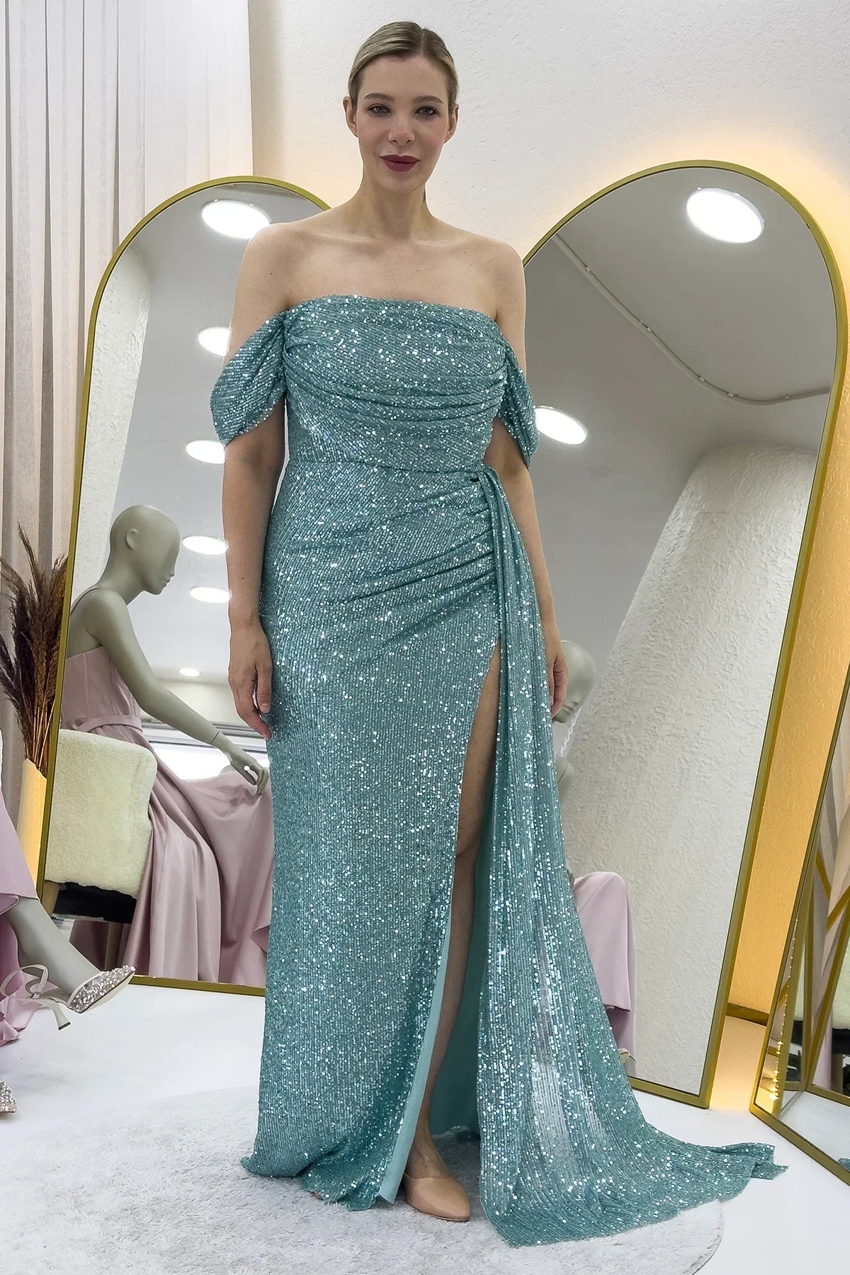 Women's Off-Shoulder Aqua Green Sequin Slit Evening Gown