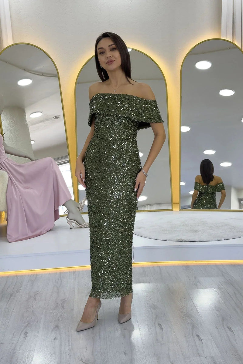 Women's Khaki Madonna Collar Sequin Embellished Pencil Midi Evening Gown