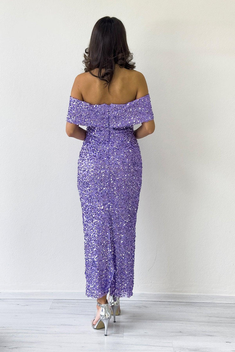 Women's Lilac Madonna Collar Sequin Embellished Pencil Midi Evening Gown
