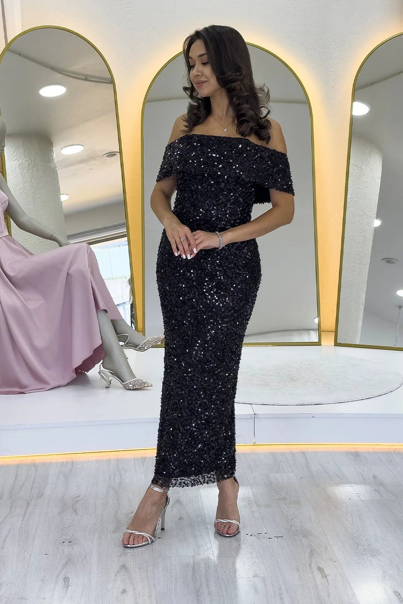 Women's Black Madonna Collar Sequin Embellished Pencil Midi Evening Gown