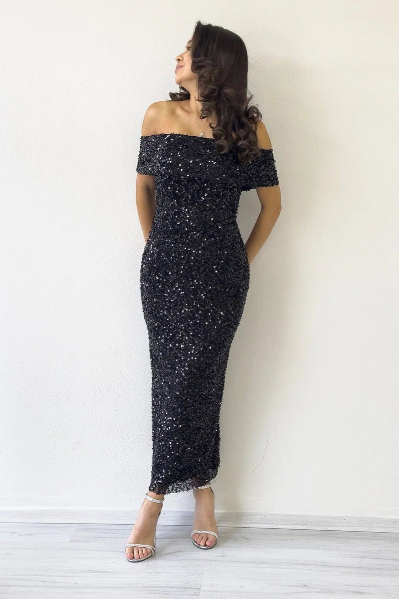 Women's Black Madonna Collar Sequin Embellished Pencil Midi Evening Gown