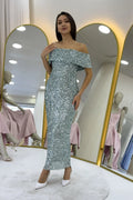 Aqua Green Off-Shoulder Sequin Midi Evening Dress