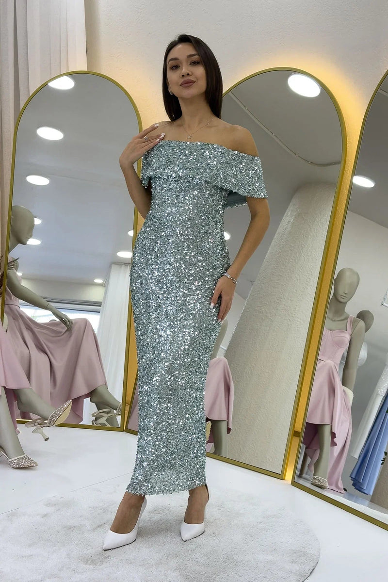 Women's Aqua Green Madonna Collar Sequin Embellished Pencil Midi Evening Gown