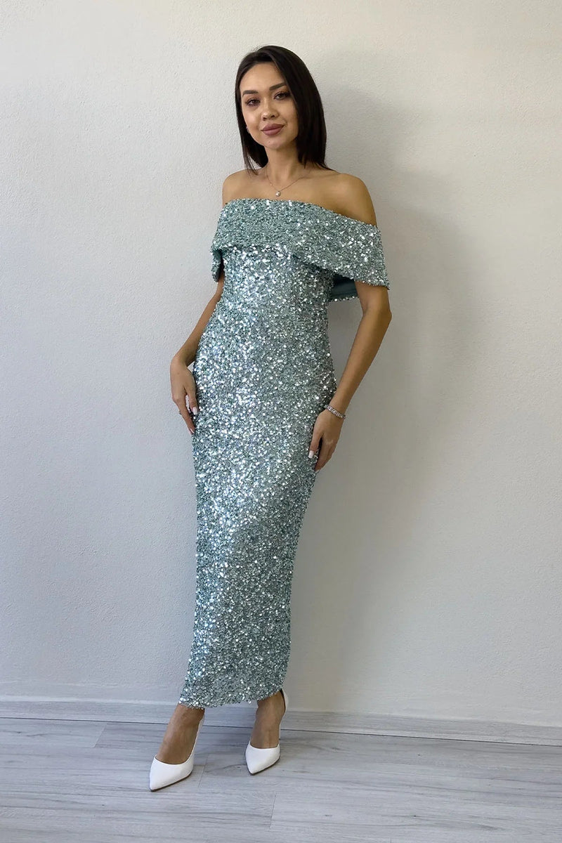 Women's Aqua Green Madonna Collar Sequin Embellished Pencil Midi Evening Gown