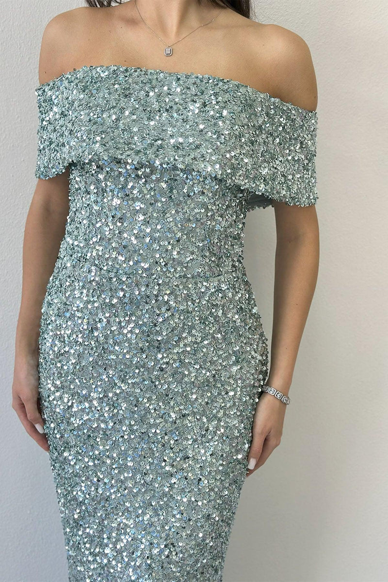 Women's Aqua Green Madonna Collar Sequin Embellished Pencil Midi Evening Gown