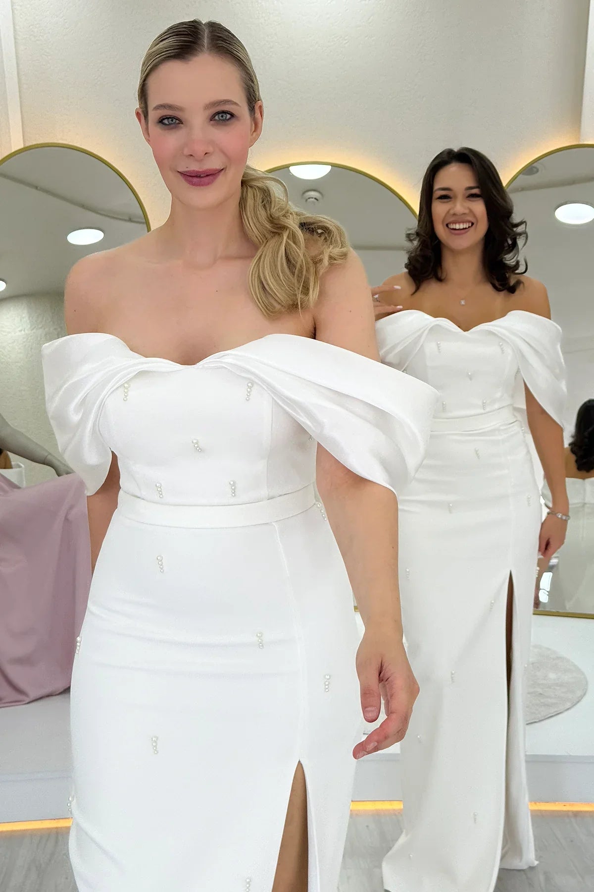 Women's White Boat Neck Boncuk Detail Slit Bridal Gown Dress