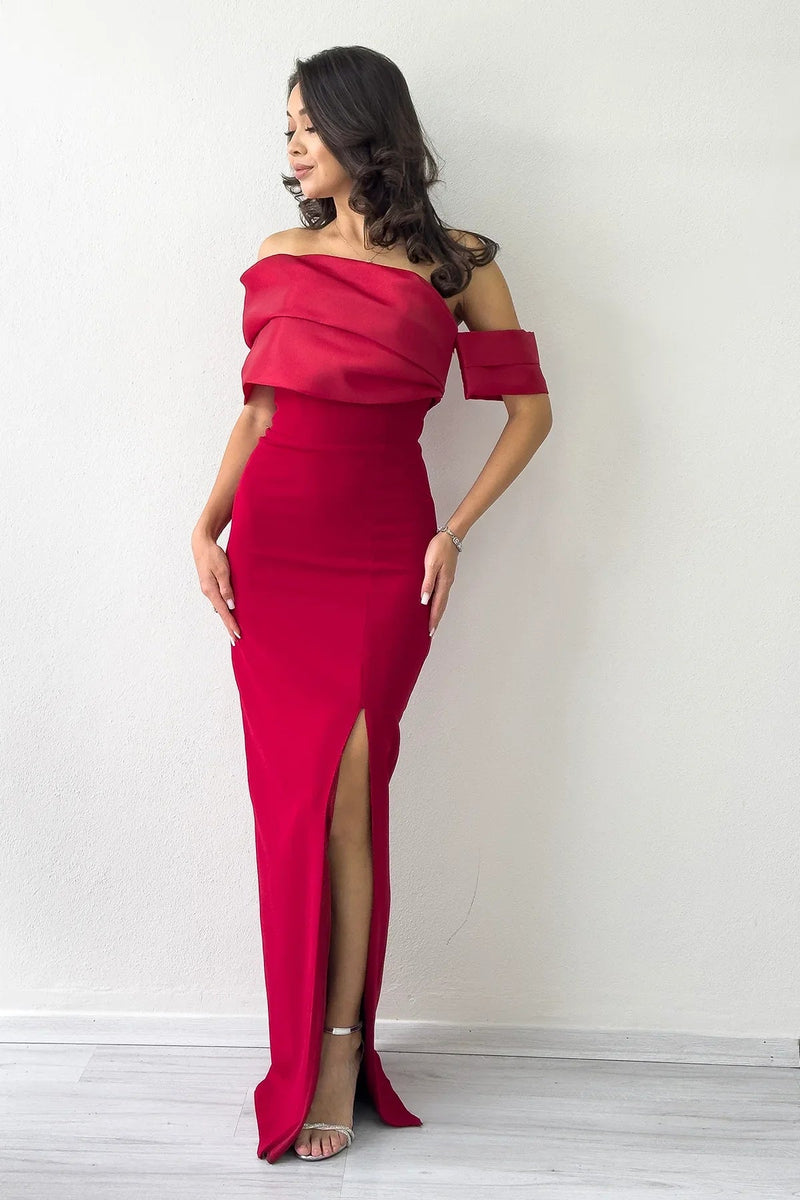 Women's Red Draped Collar Drop Shoulder Slit Long Evening Gown
