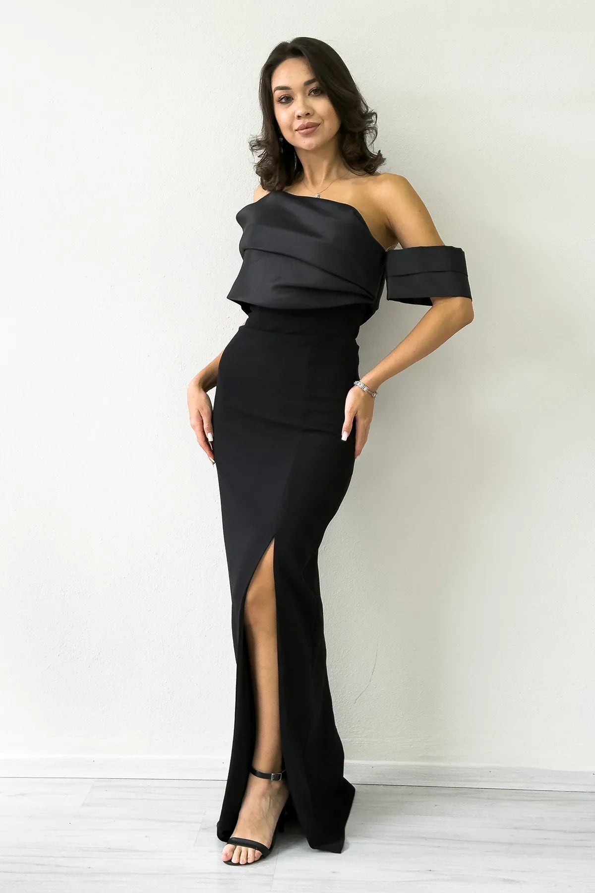 Women's Black Draped Collar Drop Shoulder Slit Long Evening Gown