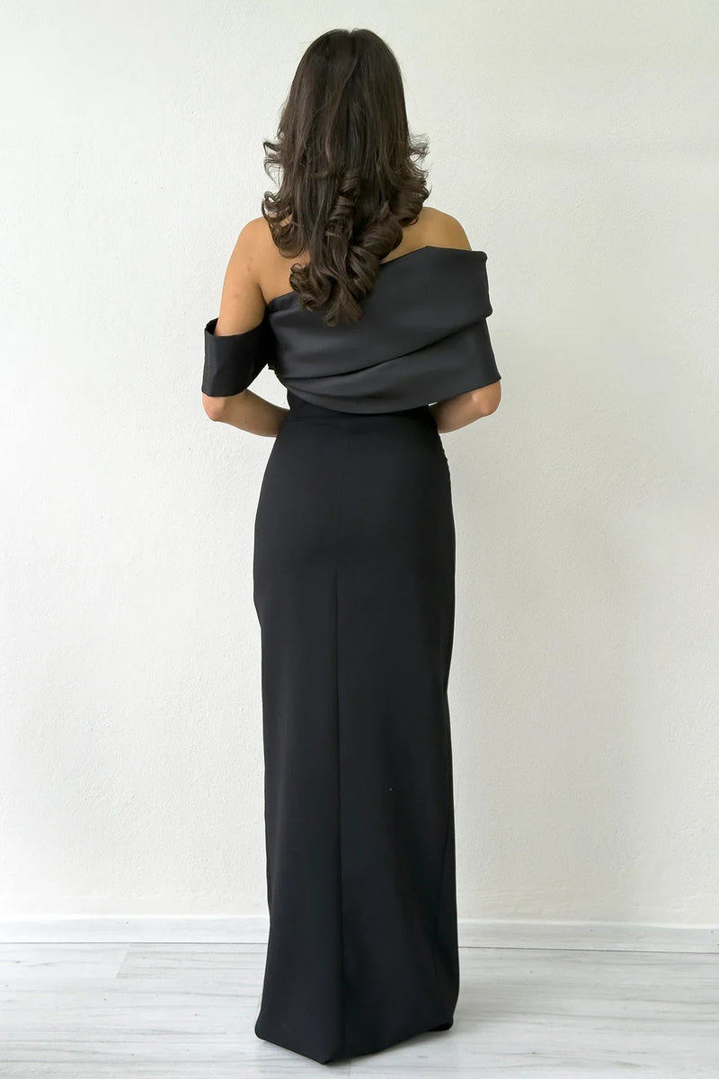 Women's Black Draped Collar Drop Shoulder Slit Long Evening Gown