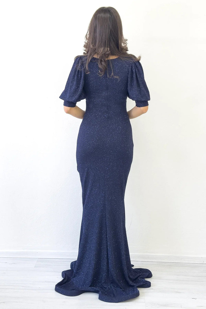 Women's Navy Blue Balloon Sleeve Glitter Draped Volan Detail Mermaid Evening Gown