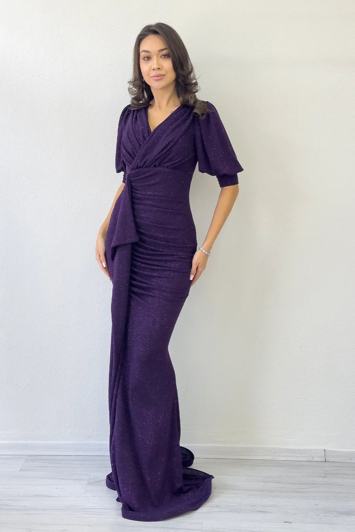 Women's Purple Balloon Sleeve Glitter Draped Volan Detail Mermaid Evening Gown